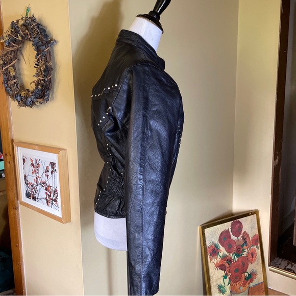Vintage 80s Black Leather Jacket STUD Zip-Front YKK Silver HW Rock-N-Roll Biker - Picture 4 of 16